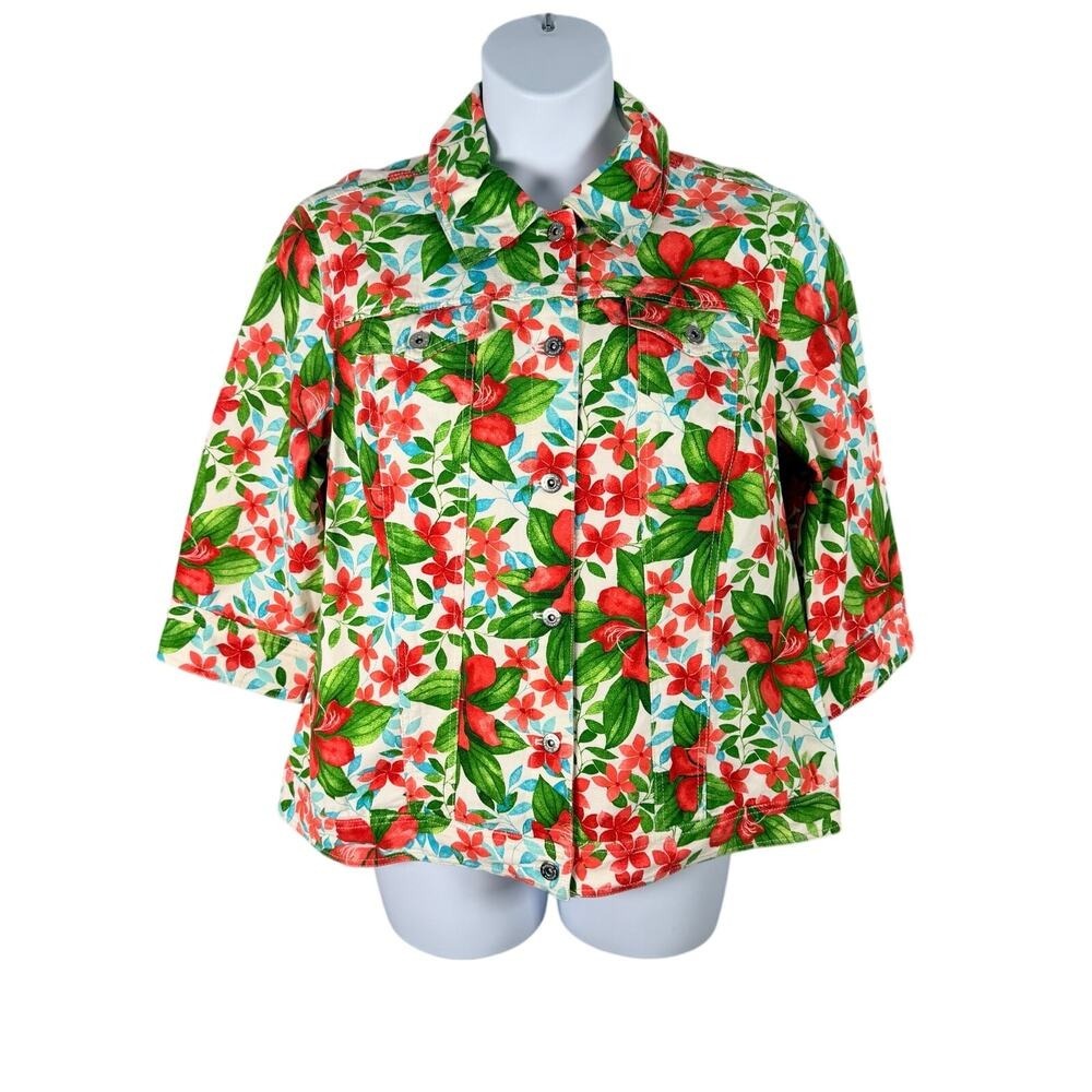 Liz Claiborne‎ Jacket Womens Plus 1X White Multi-color Floral Denim 3/4 Sleeve